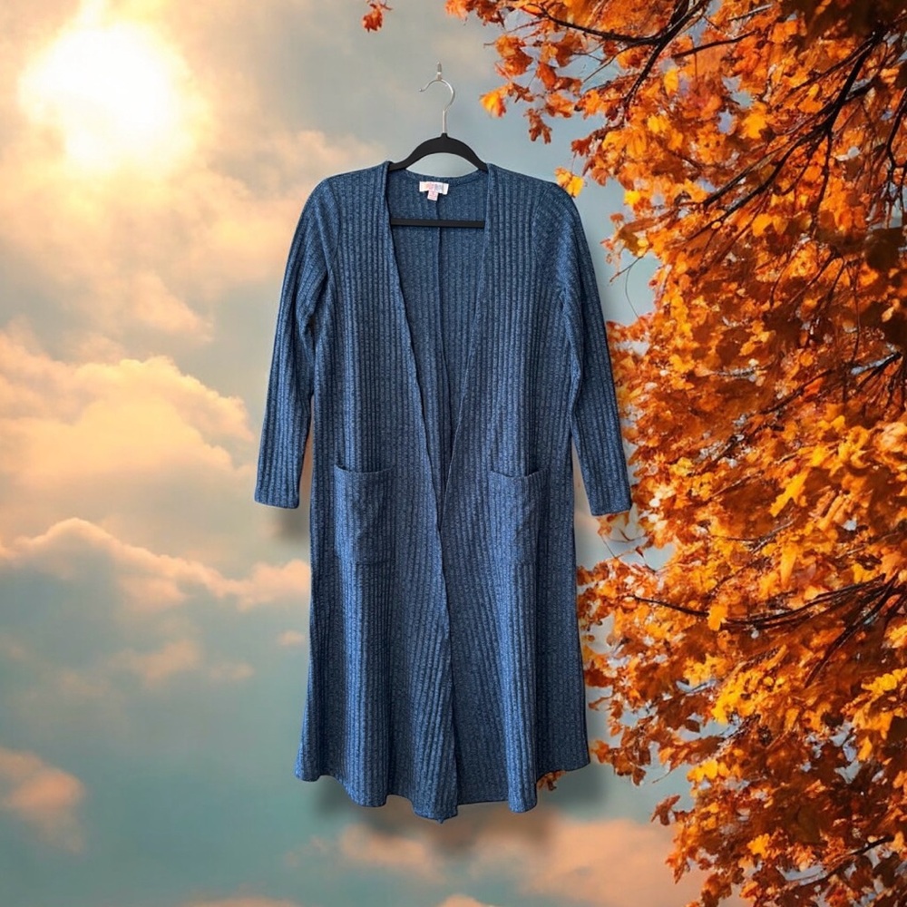 LuLaRoe Long Blue Ribbed Knit Cardigan Sweater